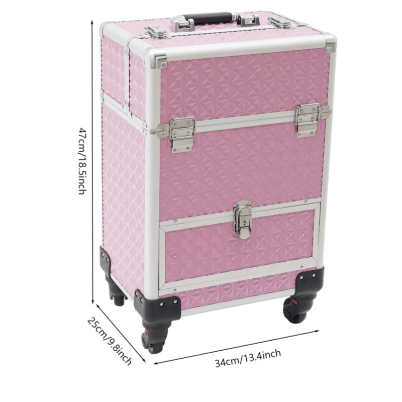 1pc Rolling Oversized Makeup Case with 4 Built-In Trays And a Handle for Easy Movement. It Is an Exclusive Wheeled Storage Tool for Nail Technicians, Artists, Beauticians, And Stylists